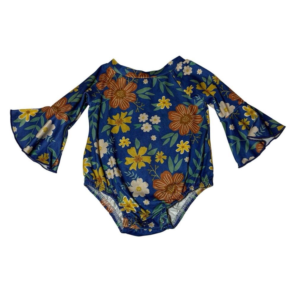 Marie Nicole Baby Girl Floral Bell Sleeve Romper Blue 3-6 Months Boutique